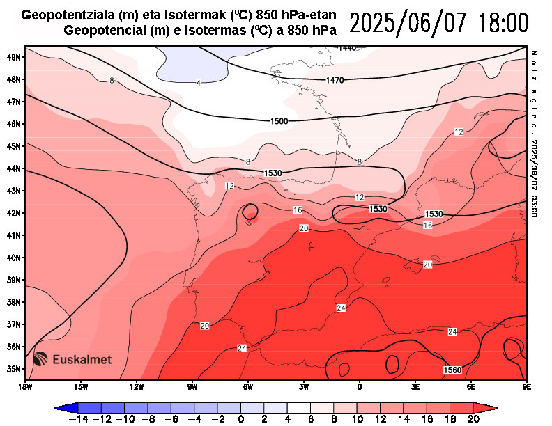 Geopotencial e isotermas a 850 hPa 18:00