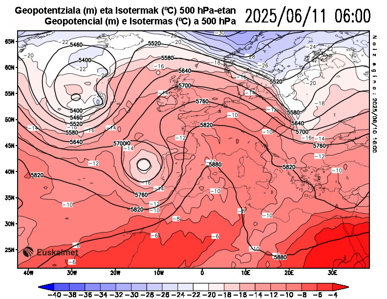 Geopotencial e isotermas a 500 hPa 06:00