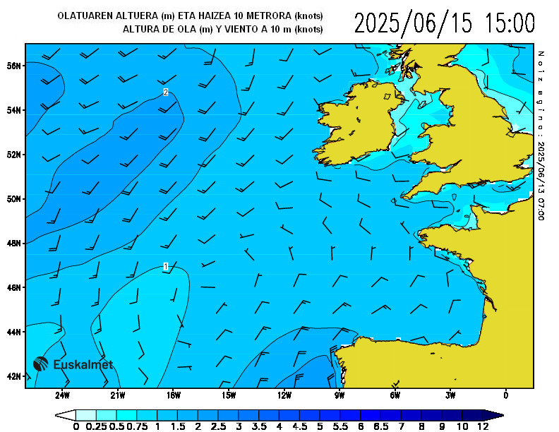 Altura de ola (m) y viento a 10 metros (knots) 15:00