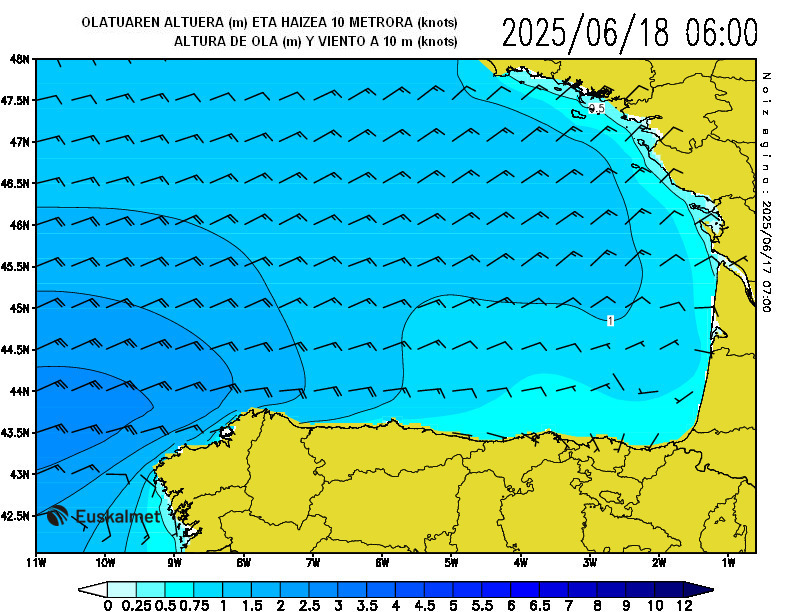 Altura de ola (m) y viento a 10 metros (knots) 06:00